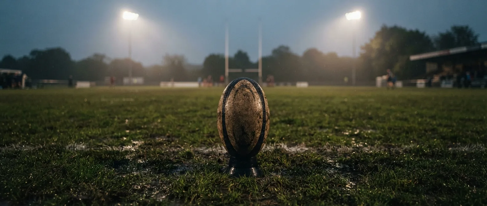 A muddy match ball standing on a kicking tee on a wet pitch at night, goalposts and floodlights glowing in the mist behind.