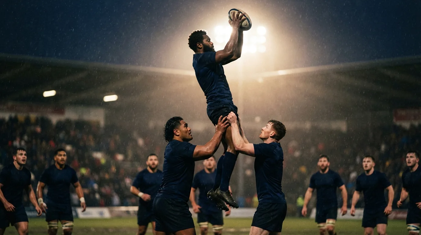 A jumper is lifted high above the lineout by two teammates, reaching for the ball under floodlights in the rain.
